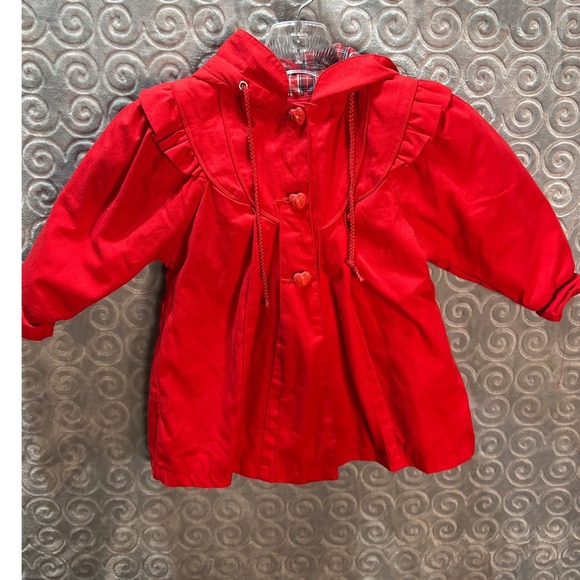 Casual Time Other - Casual Time Girls Red Ruffle Hooded JacketCoat Size 3T Heart Buttons Plaid Lined